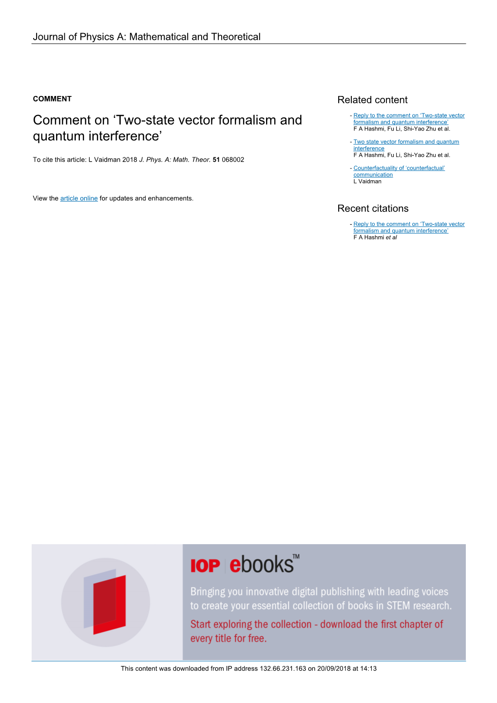 Comment on 'Two-State Vector Formalism and Quantum Interference'