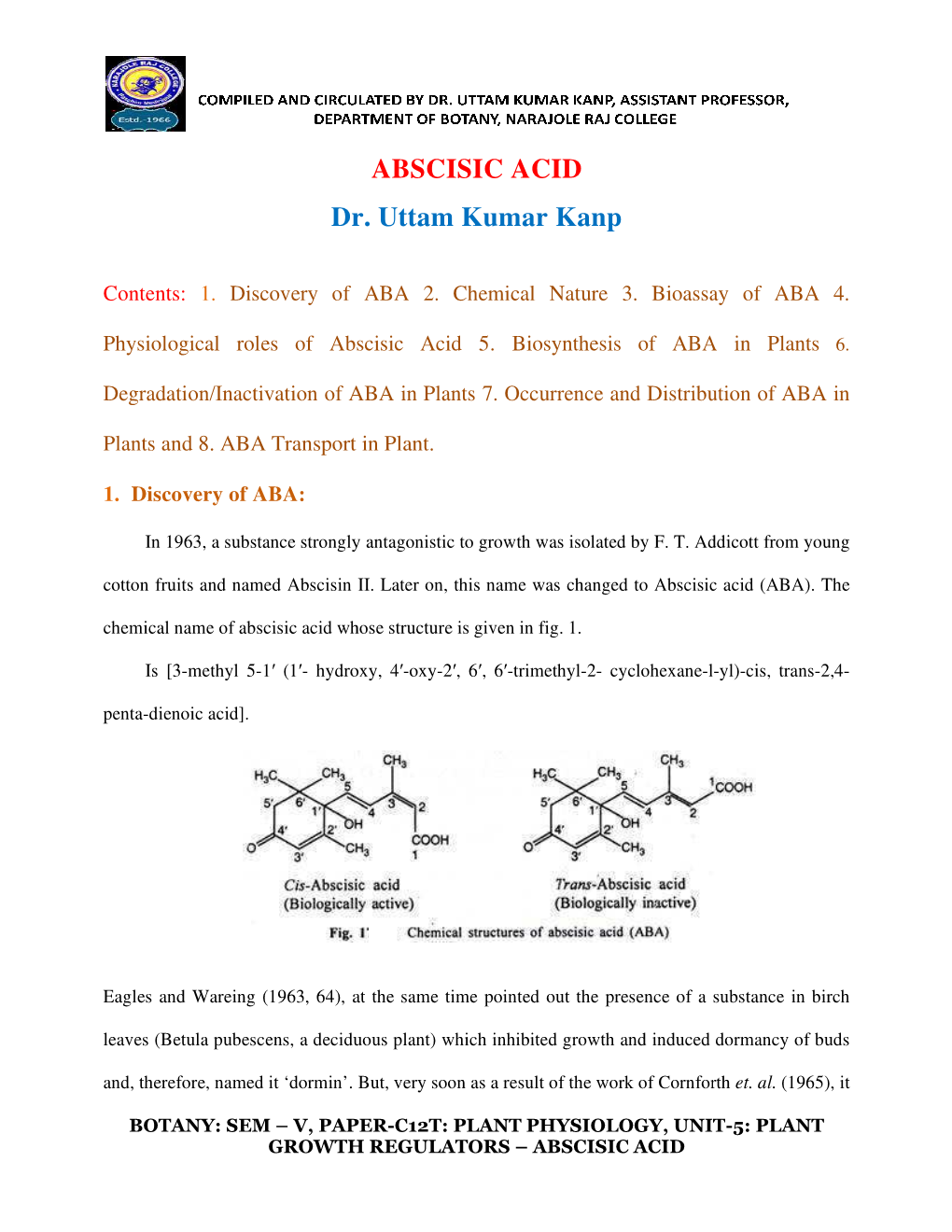 ABSCISIC ACID Dr. Uttam Kumar Kanp