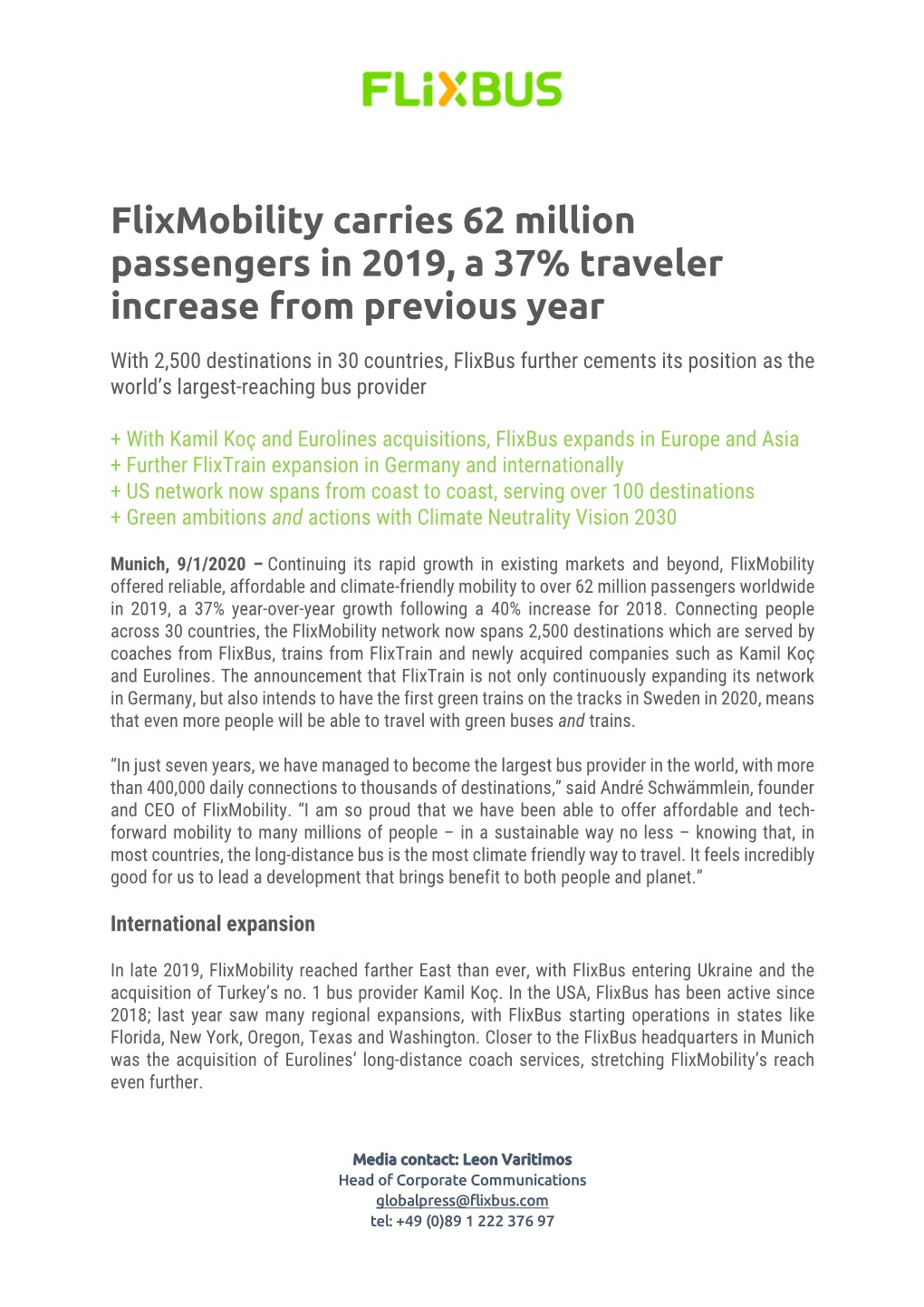Flixmobility Carries 62 Million Passengers in 2019, a 37% Traveler Increase from Previous Year