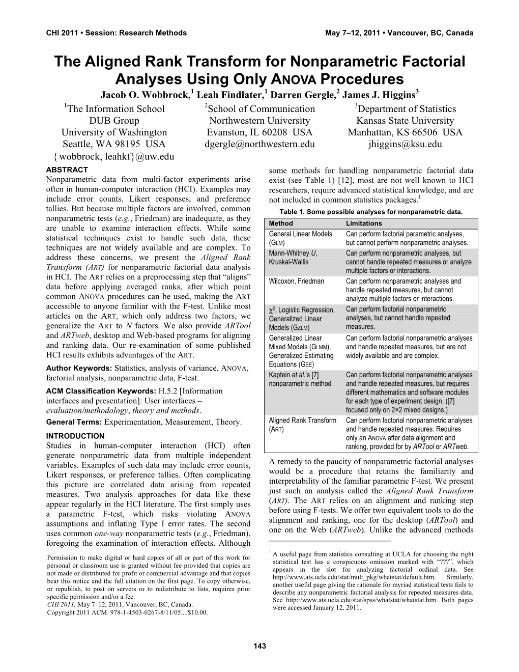 Aligned Rank Transform for Nonparametric Factorial Analyses Using Only ANOVA Procedures Jacob O