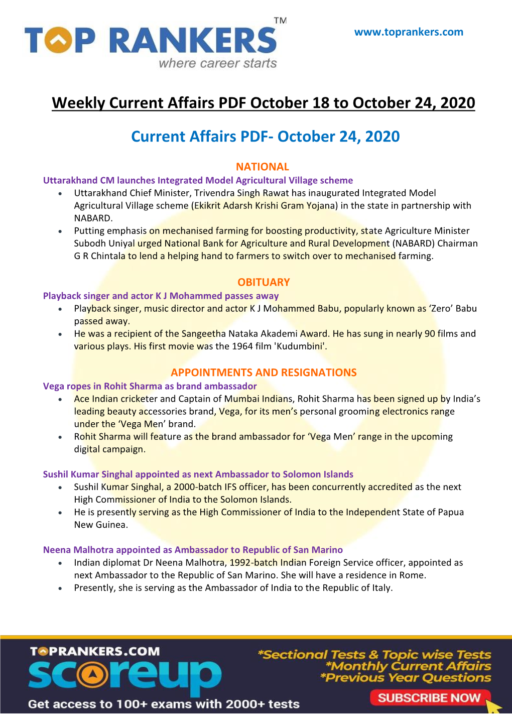Current Affairs PDF October 18 to October 24, 2020
