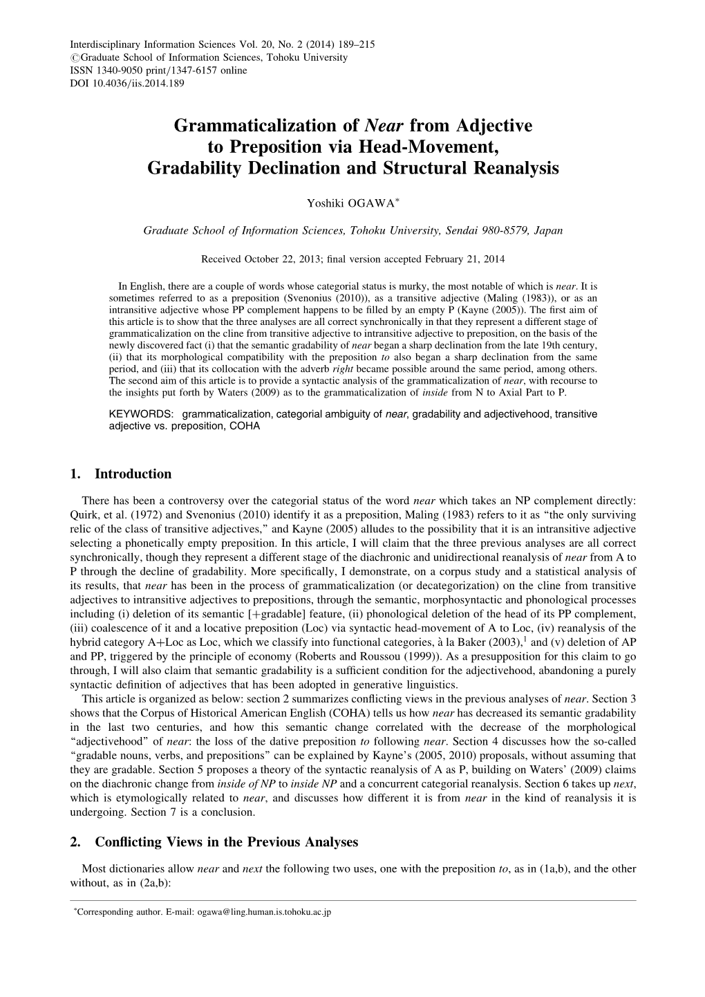 Grammaticalization of Near from Adjective to Preposition Via Head-Movement, Gradability Declination and Structural Reanalysis