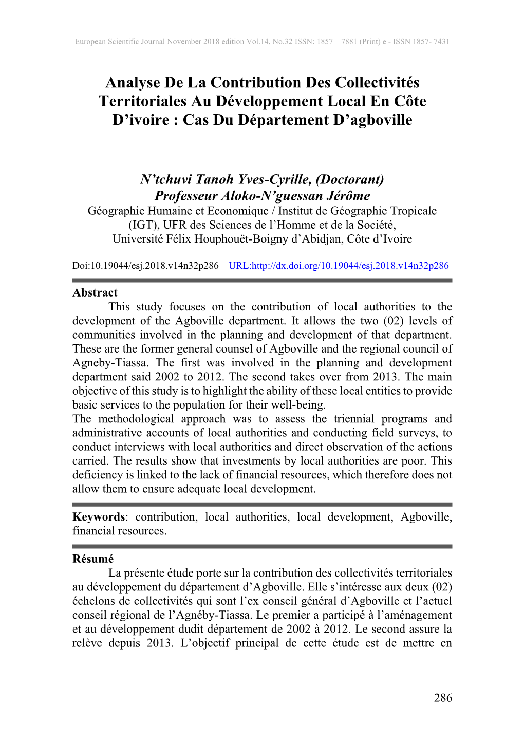 Analyse De La Contribution Des Collectivités Territoriales Au Développement Local En Côte D’Ivoire : Cas Du Département D’Agboville