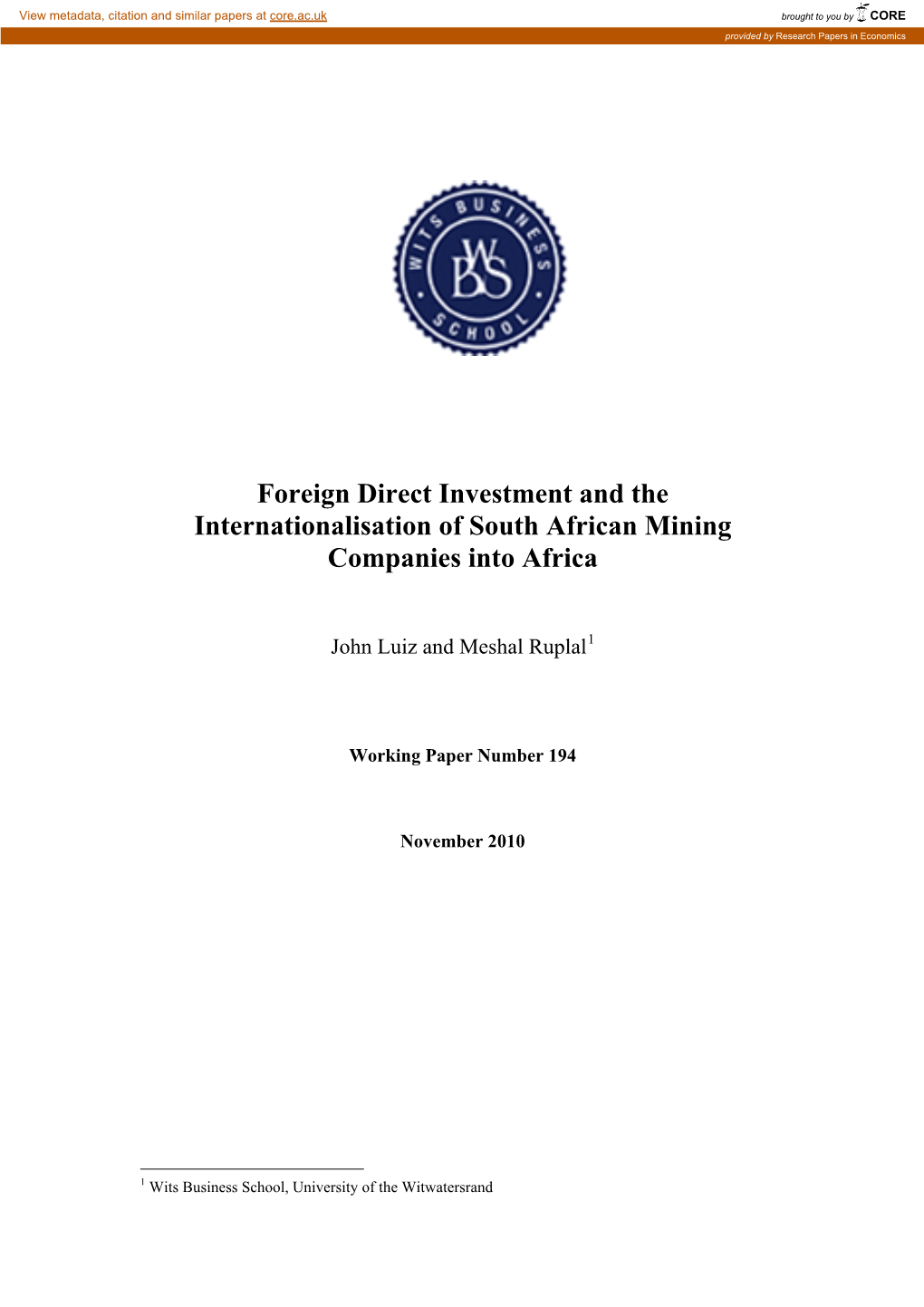 Foreign Direct Investment and the Internationalisation of South African Mining Companies Into Africa