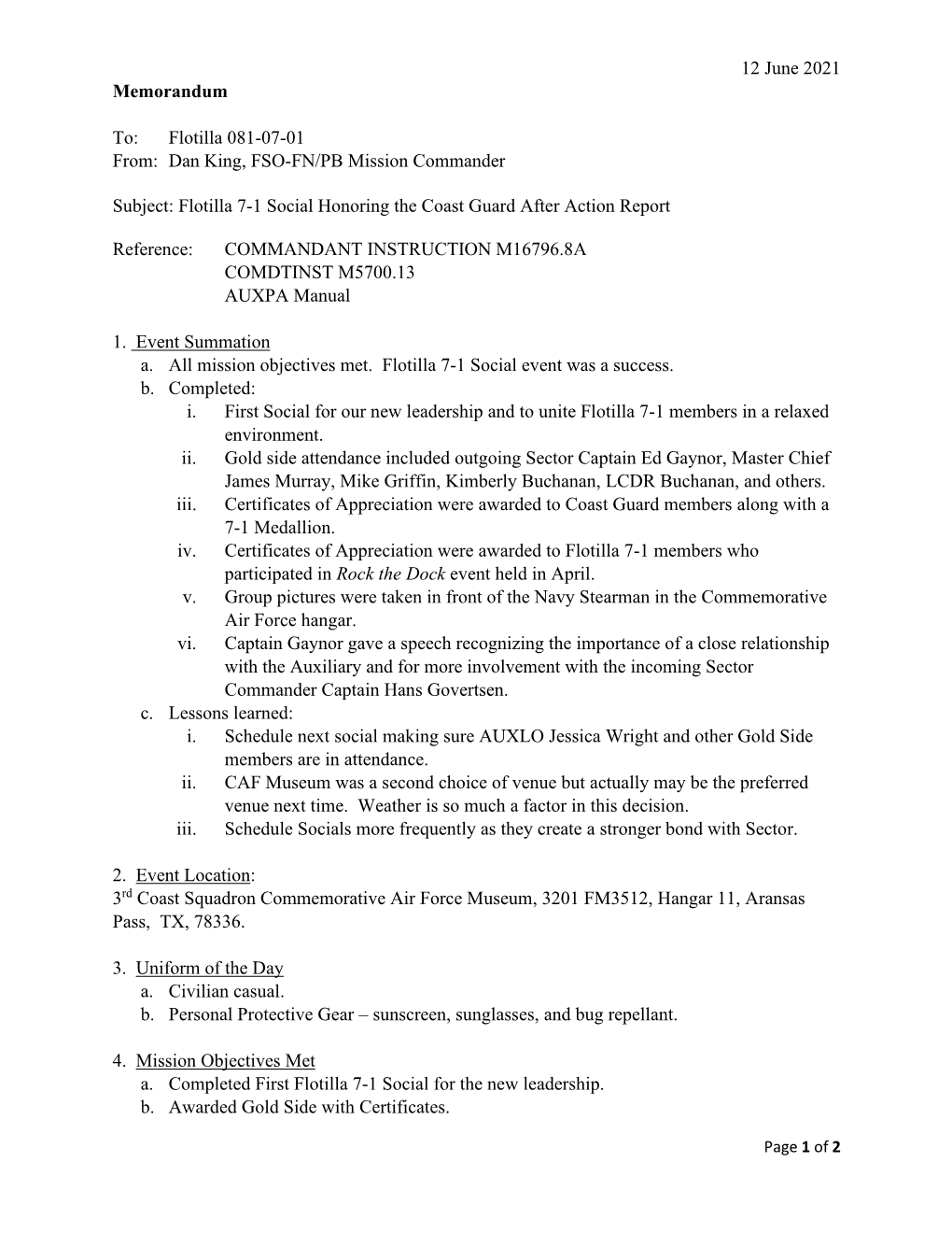 12 June 2021 Memorandum To: Flotilla 081-07-01 From: Dan King