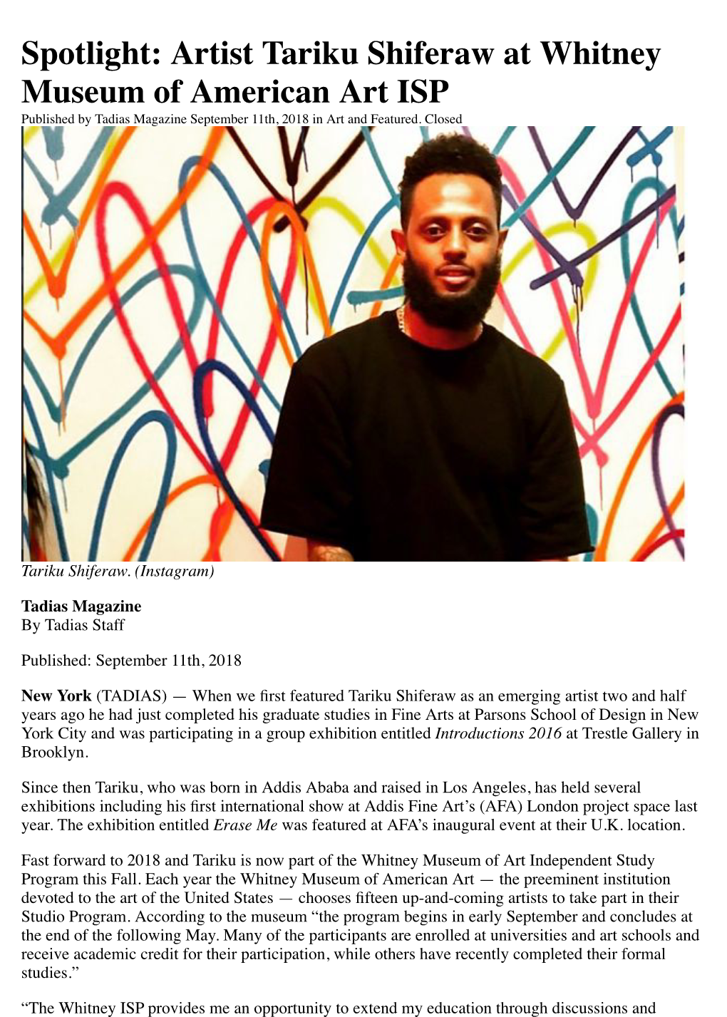 Spotlight: Artist Tariku Shiferaw at Whitney Museum of American Art ISP Published by Tadias Magazine September 11Th, 2018 in Art and Featured