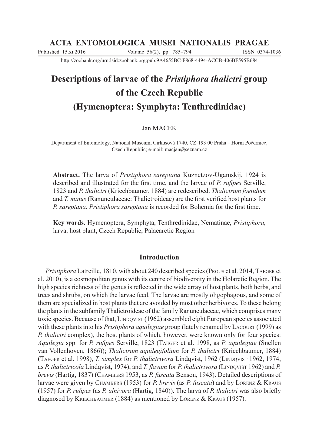 Descriptions of Larvae of the Pristiphora Thalictri Group of the Czech Republic (Hymenoptera: Symphyta: Tenthredinidae)