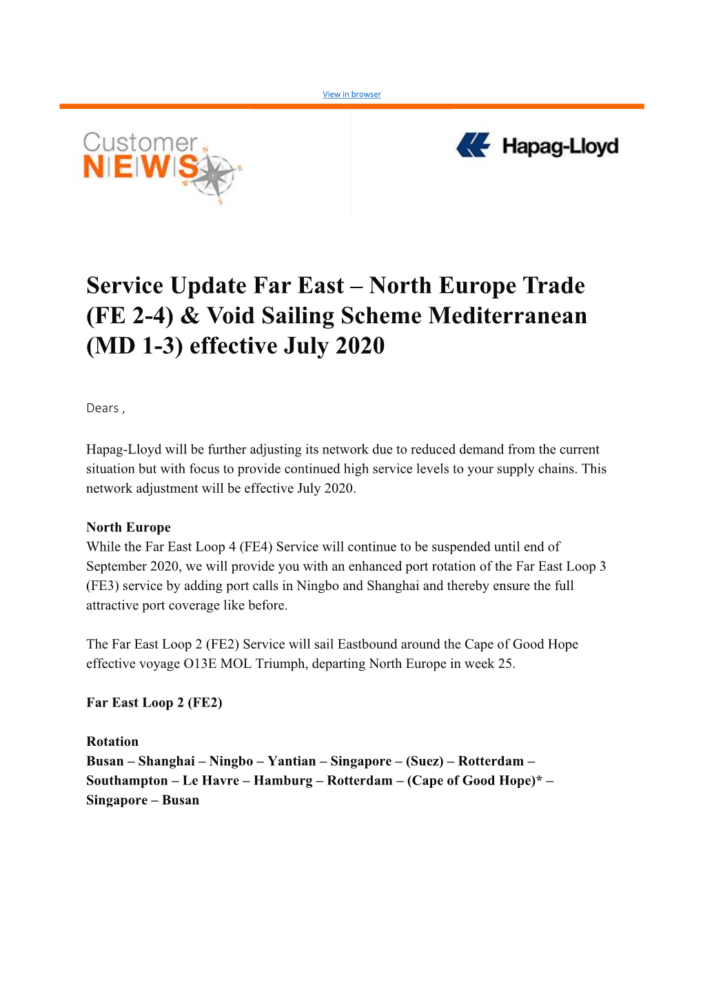 Service Update Far East – North Europe Trade (FE 2-4) & Void Sailing Scheme Mediterranean (MD 1-3) Effective July 2020