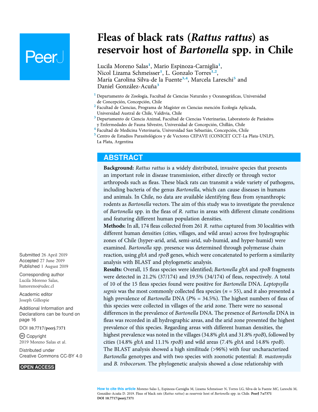 Rattus Rattus)As Reservoir Host of Bartonella Spp