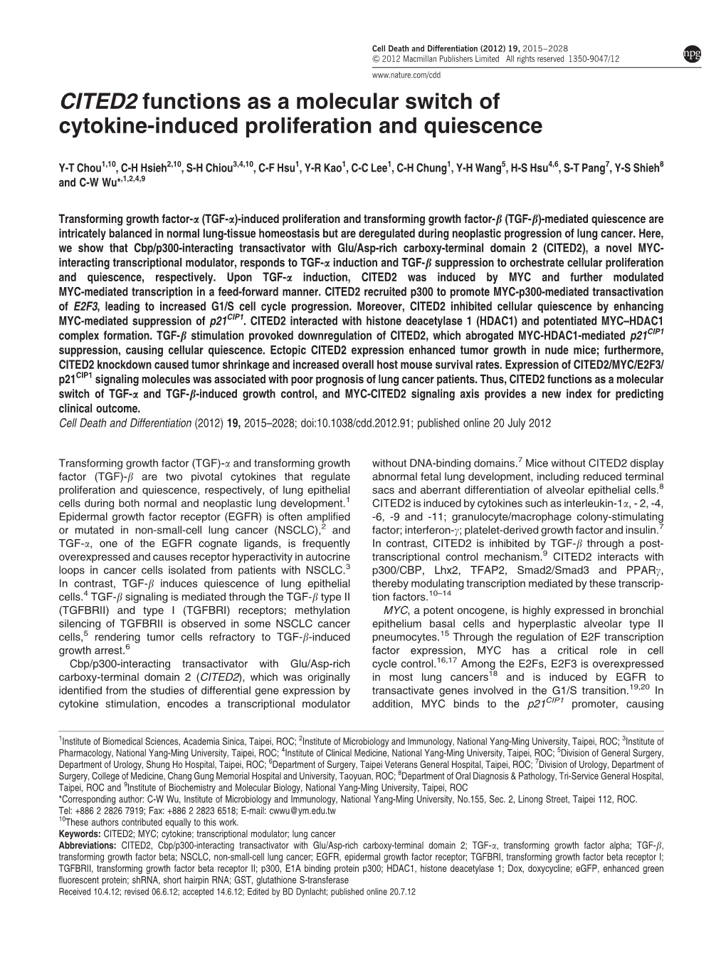 CITED2 Functions As a Molecular Switch of Cytokine-Induced Proliferation and Quiescence