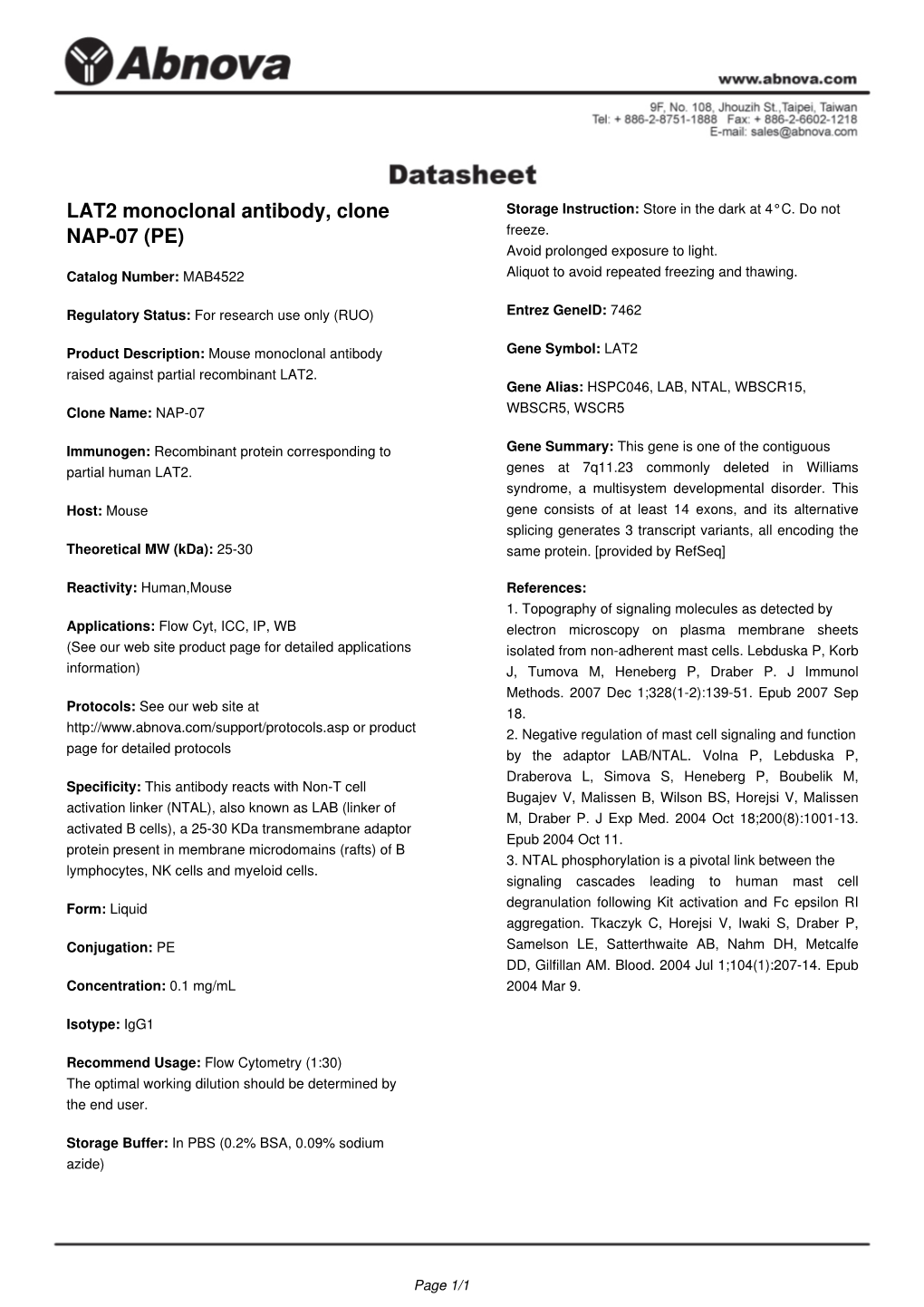 LAT2 Monoclonal Antibody, Clone NAP-07 (PE)