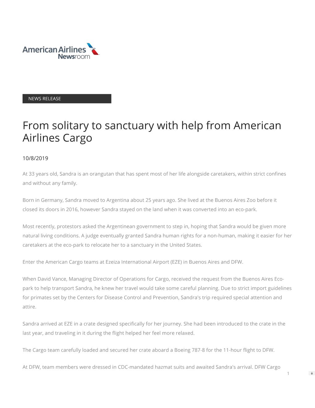 From Solitary to Sanctuary with Help from American Airlines Cargo