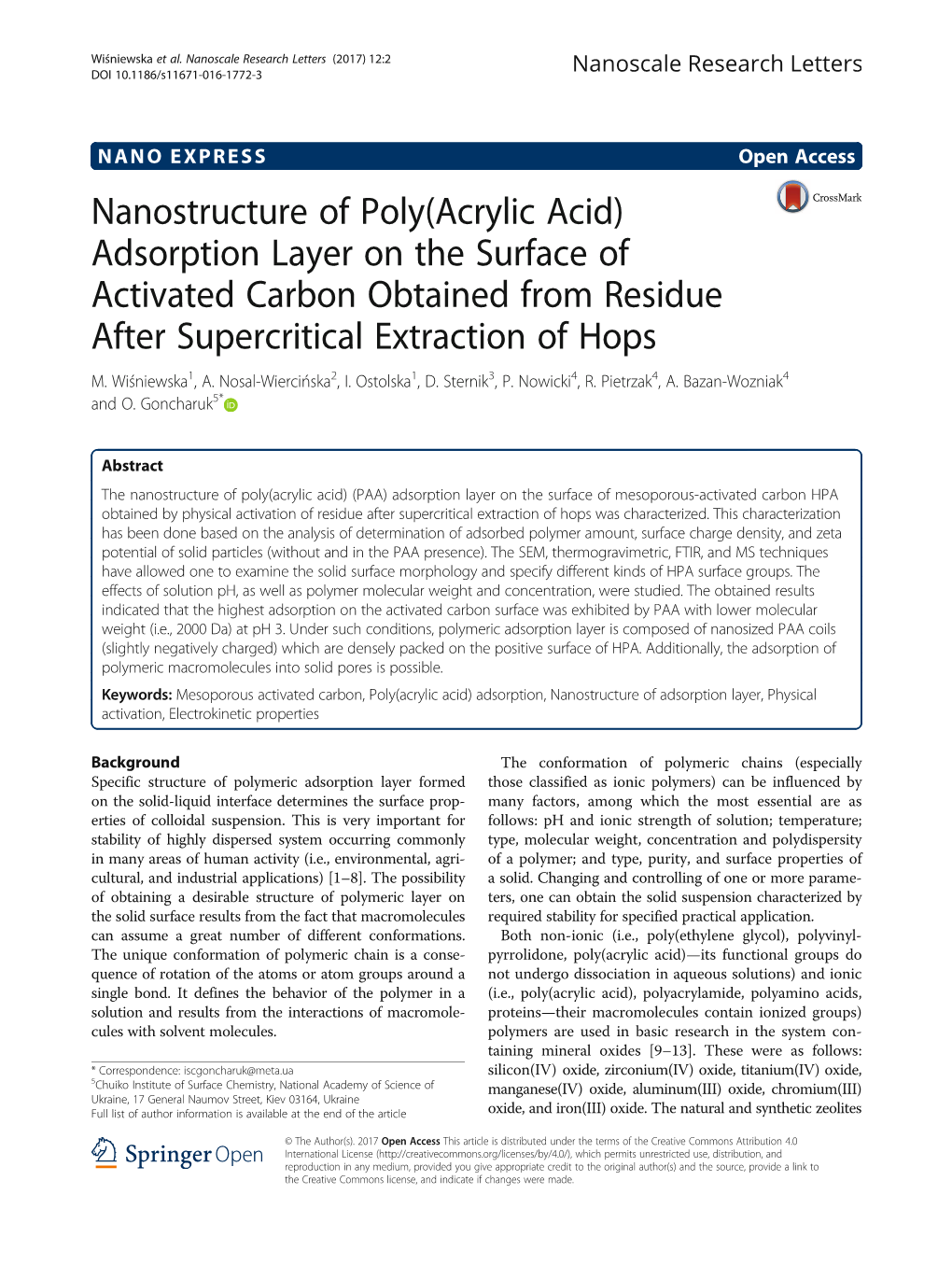 Nanostructure of Poly(Acrylic Acid) Adsorption Layer on the Surface of Activated Carbon Obtained from Residue After Supercritical Extraction of Hops M