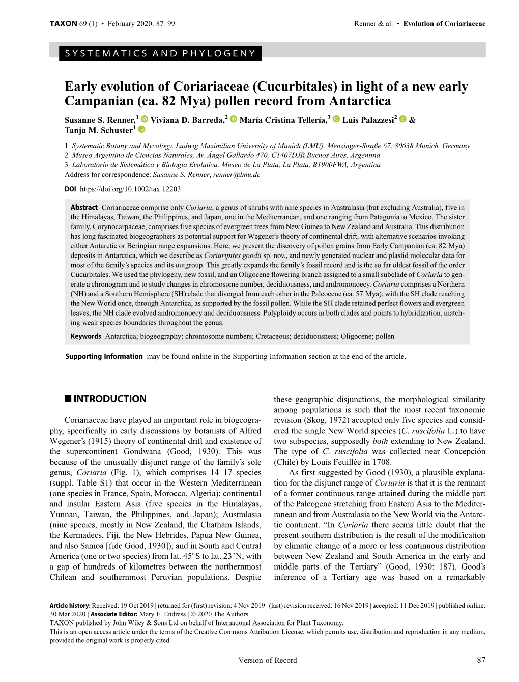 Early Evolution of Coriariaceae (Cucurbitales) in Light of a New Early Campanian (Ca