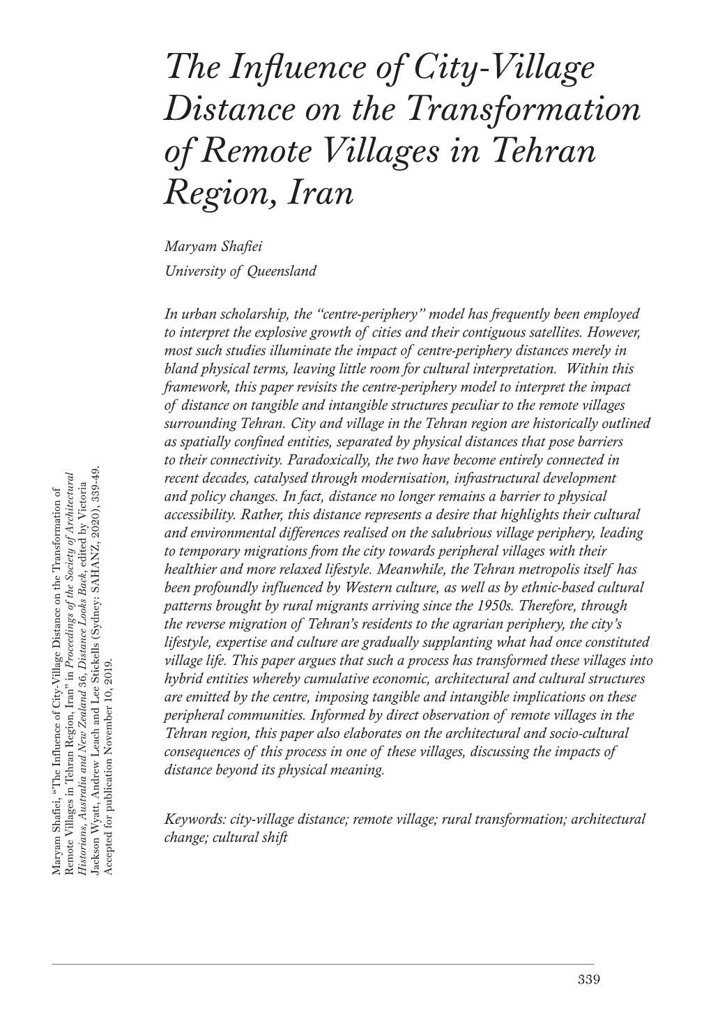 The Influence of City-Village Distance on the Transformation of Remote Villages in Tehran Region, Iran