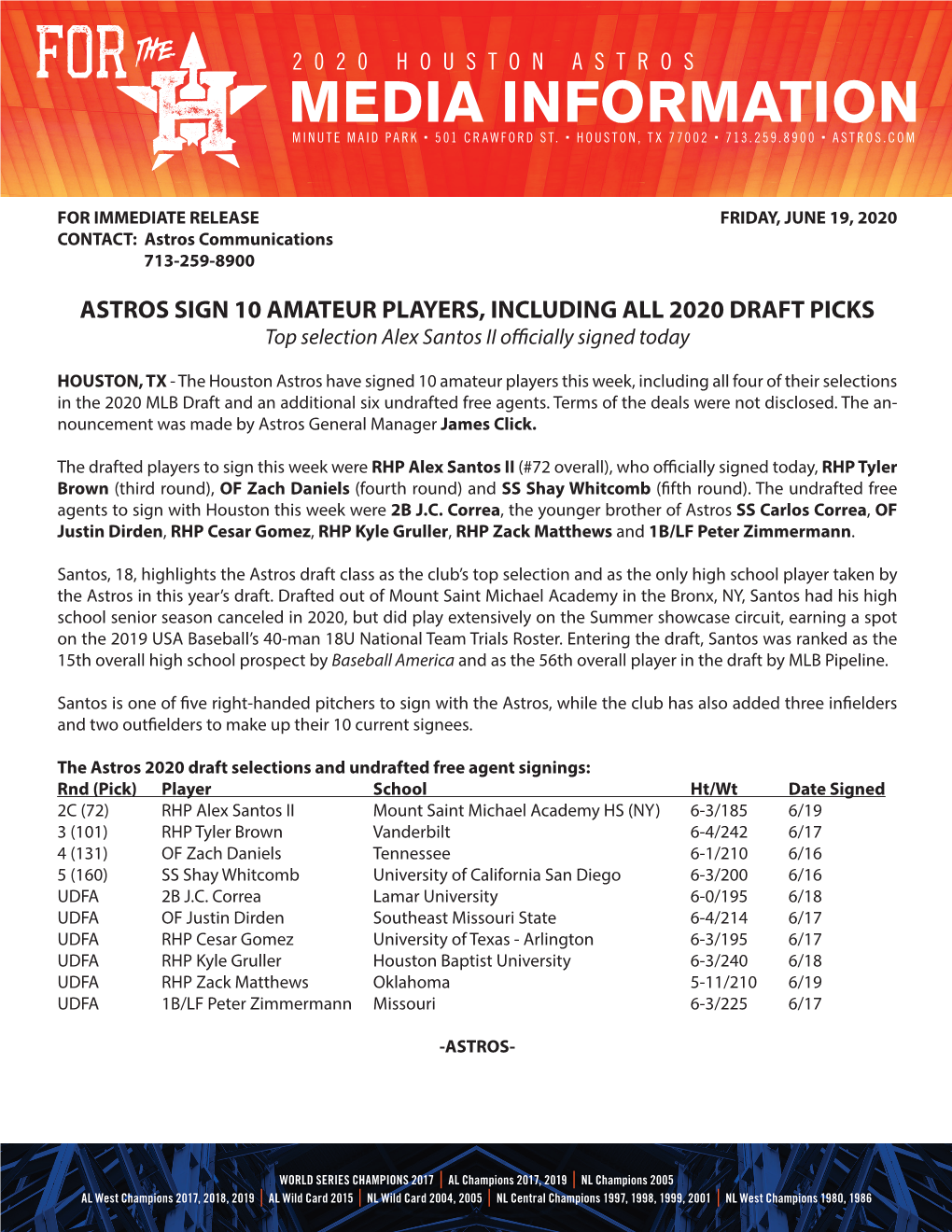 ASTROS SIGN 10 AMATEUR PLAYERS, INCLUDING ALL 2020 DRAFT PICKS Top Selection Alex Santos II Officially Signed Today