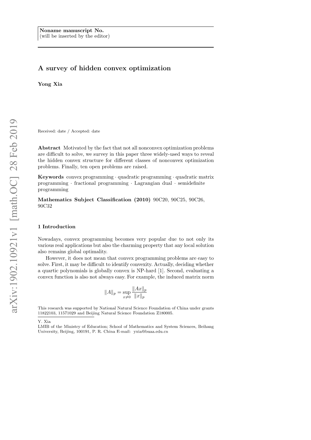 Arxiv:1902.10921V1 [Math.OC] 28 Feb 2019 Programming Nvriy Ejn,109,P .Ciaemi:Yxia@Buaa and E-Mail: Mathematics China of R