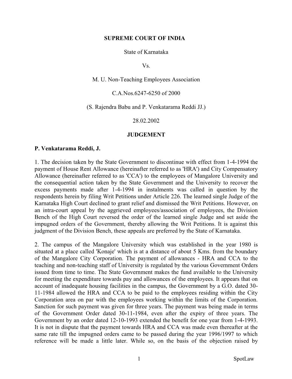 1 Spotlaw SUPREME COURT of INDIA State of Karnataka Vs. M. U