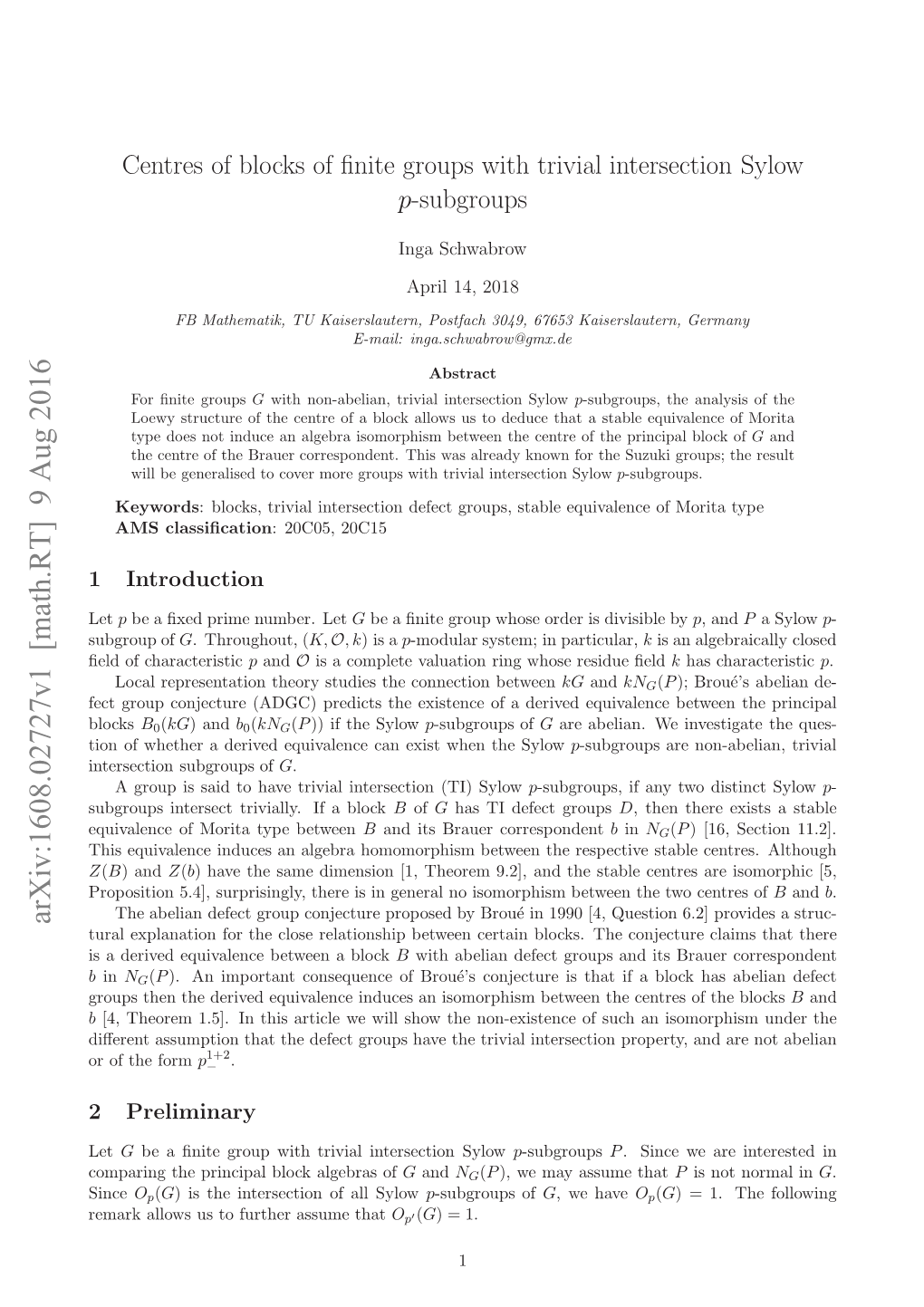 Centres of Blocks of Finite Groups with Trivial Intersection Sylow $ P