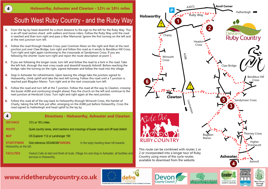 Holsworthy, Ashwater and Clawton - 12½ Or 18½ Miles A3072 P Hatherleigh Holsworthy Ruby Way South West Ruby Country - and the Ruby Way 1 ! 1