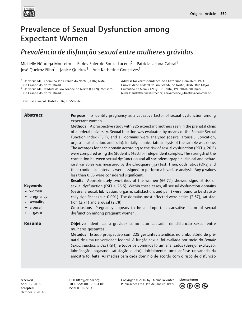 Prevalence of Sexual Dysfunction Among Expectant Women Prevalência De Disfunção Sexual Entre Mulheres Grávidas