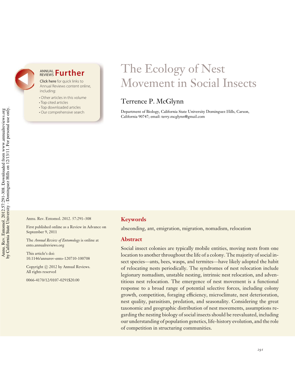 The Ecology of Nest Movement in Social Insects