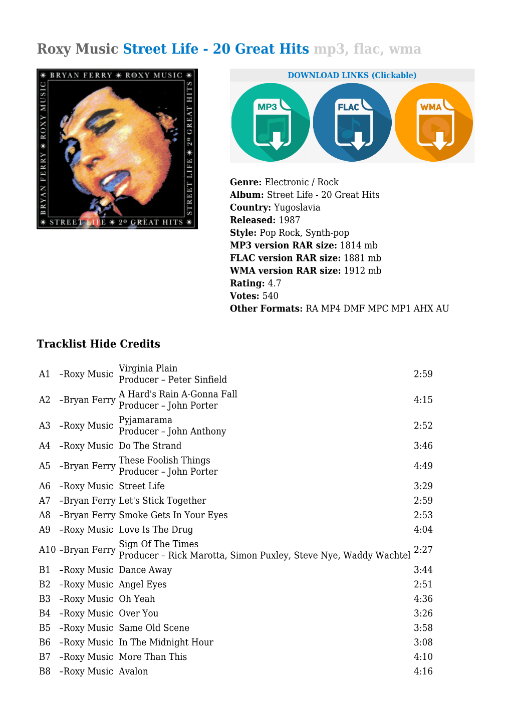 Roxy Music Street Life - 20 Great Hits Mp3, Flac, Wma