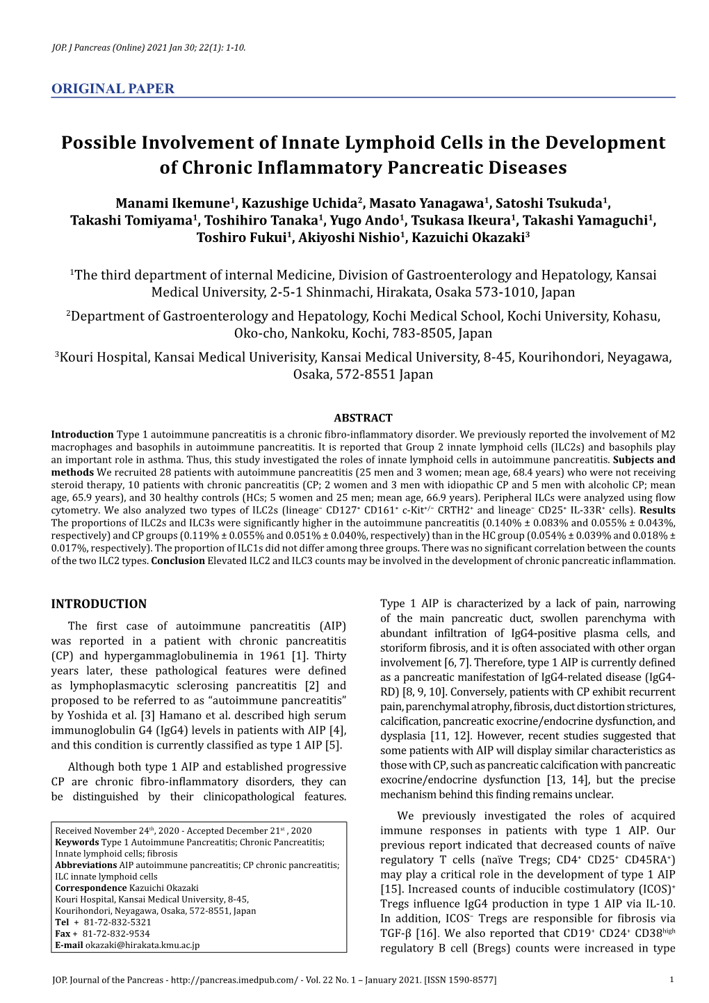 Possible Involvement of Innate Lymphoid Cells in the Development of Chronic Inflammatory Pancreatic Diseases