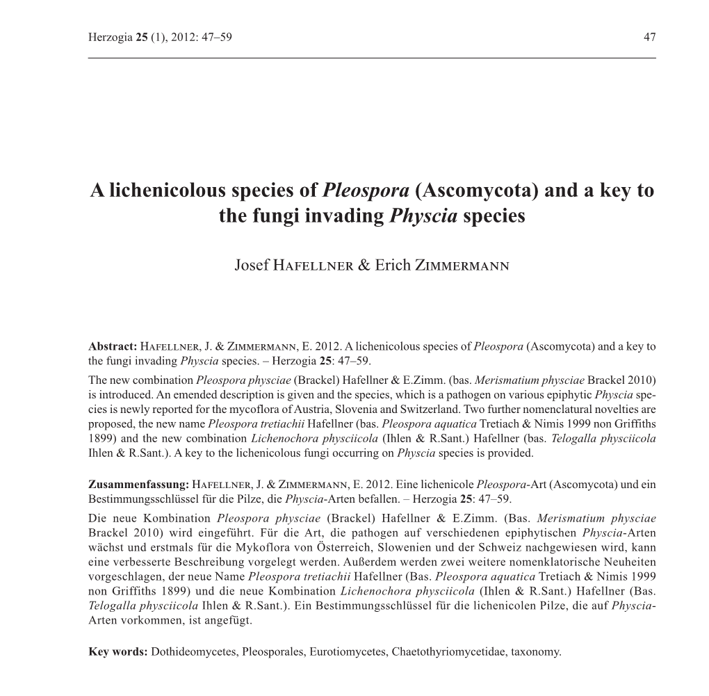 (Ascomycota) and a Key to the Fungi Invading Physcia Species