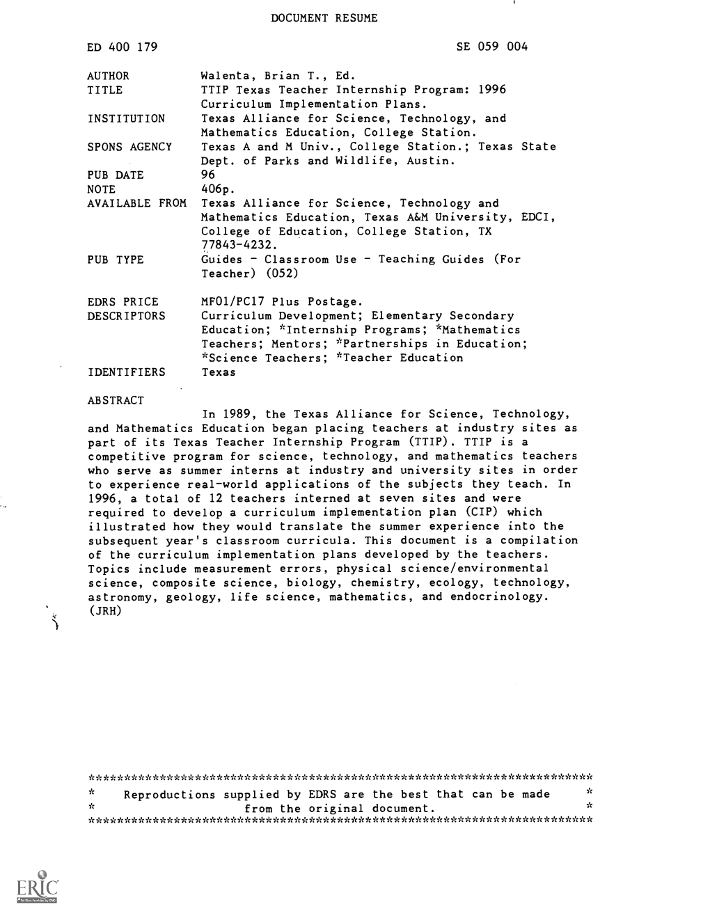 TTIP Texas Teacher Internship Program: 1996 Curriculum Implementation Plans