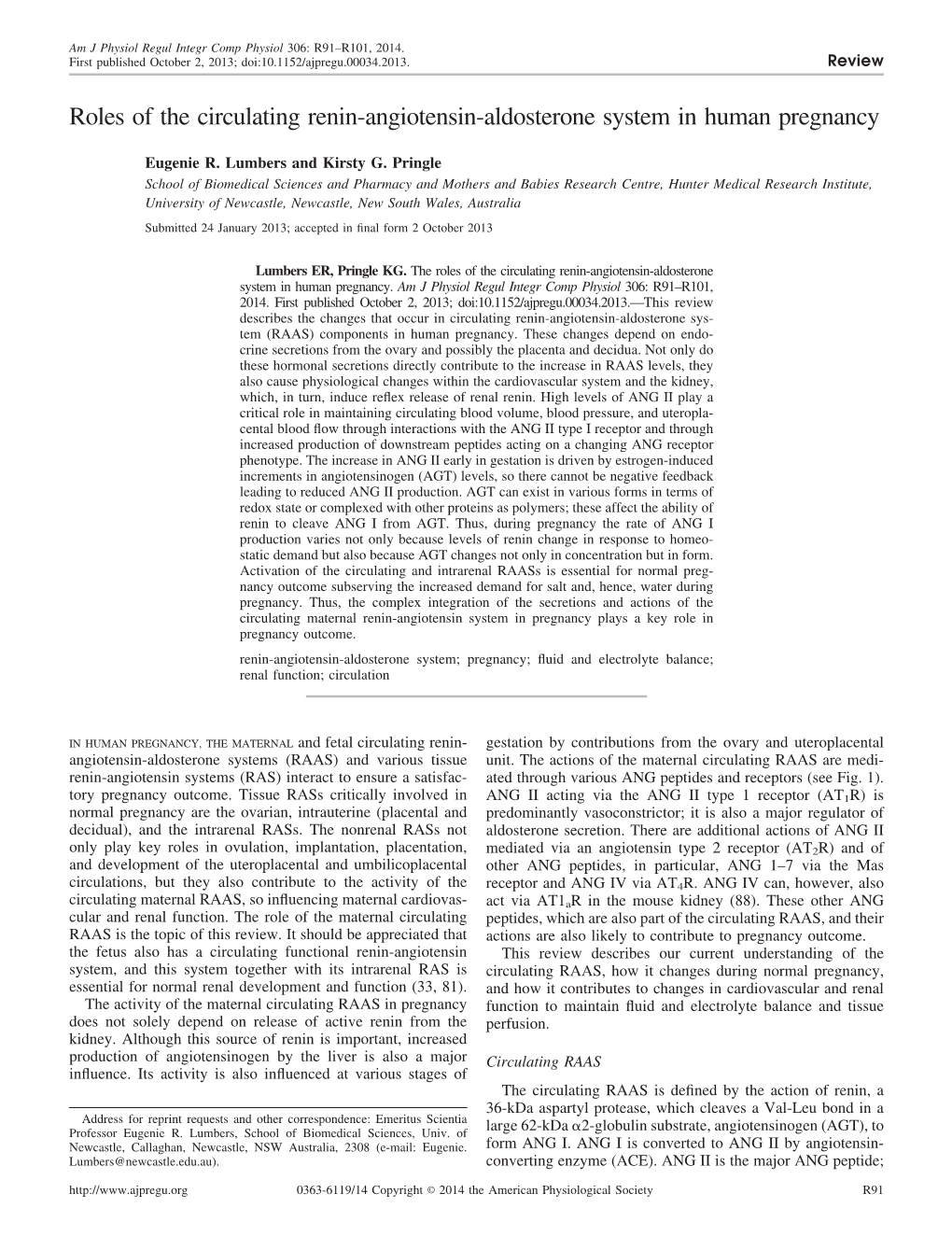 Roles of the Circulating Renin-Angiotensin-Aldosterone System in Human Pregnancy