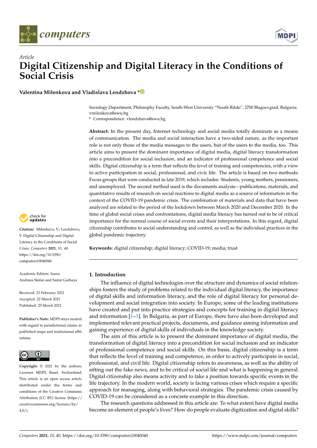 Digital Citizenship and Digital Literacy in the Conditions of Social Crisis