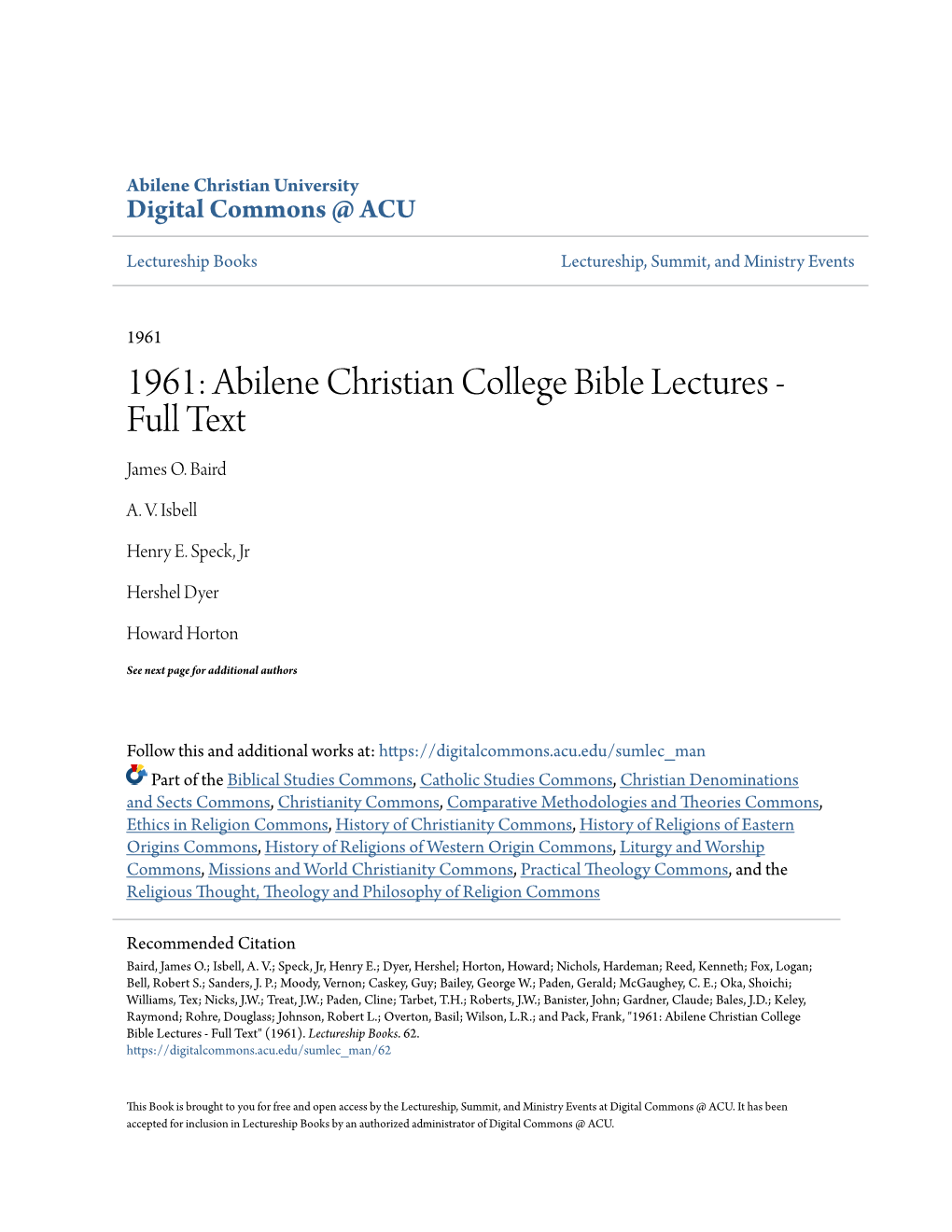 1961: Abilene Christian College Bible Lectures - Full Text James O