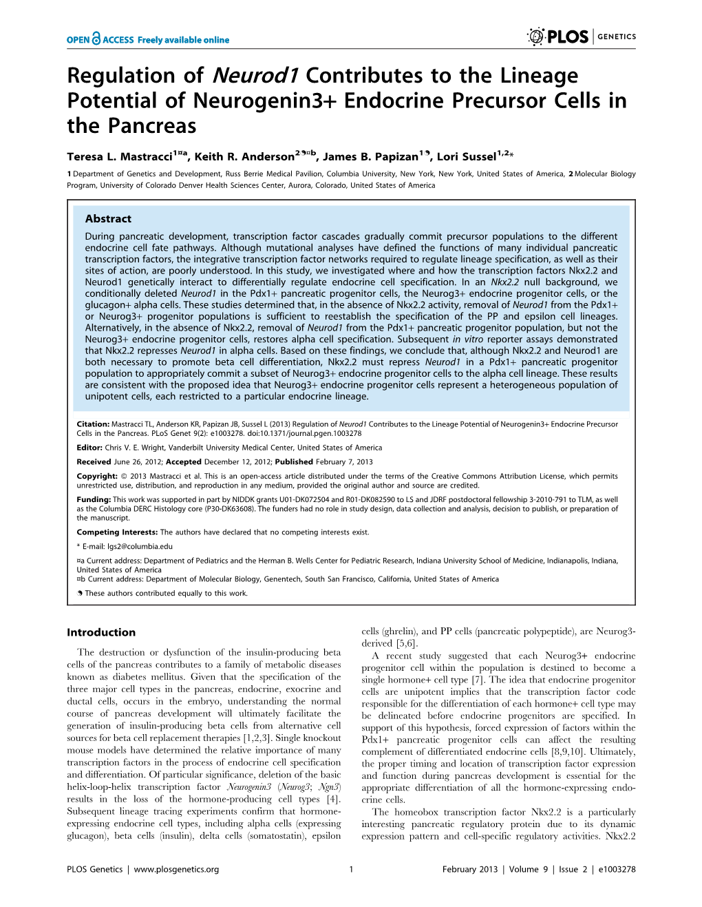 Regulation of Neurod1 Contributes to the Lineage Potential of Neurogenin3+ Endocrine Precursor Cells in the Pancreas