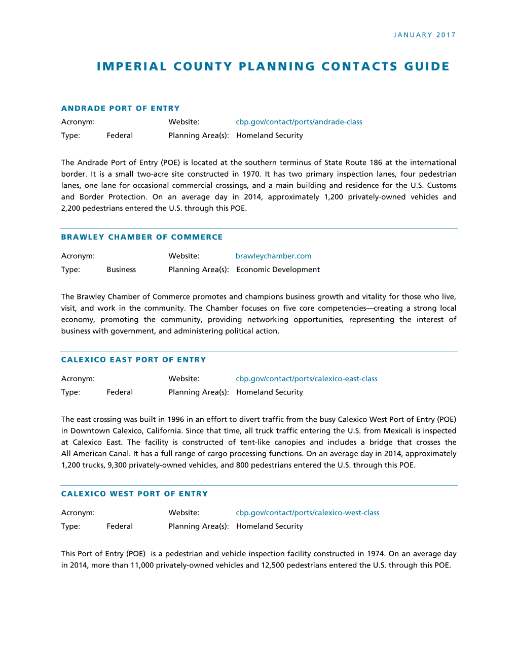 Imperial County Planning Contacts Guide, 2017