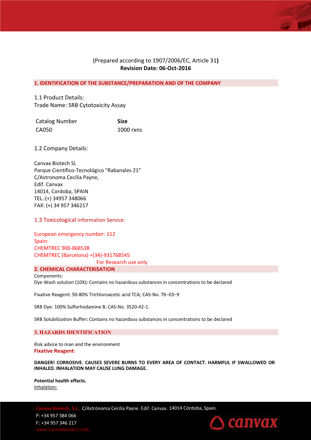 SRB Cytotoxicity Assay MSDS | Canvax Biotech