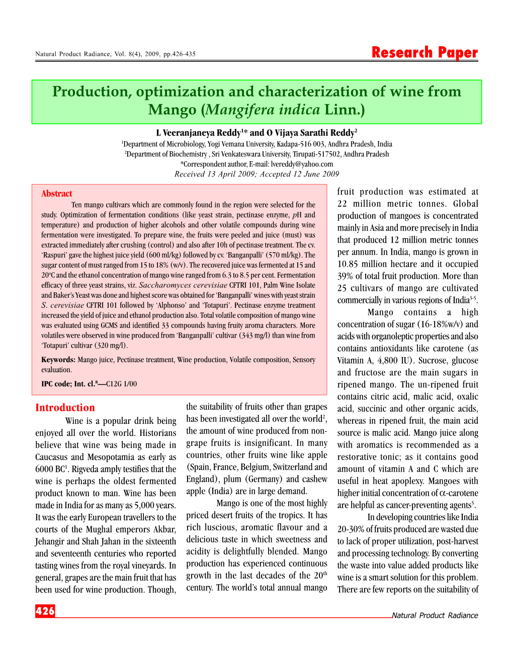 Production, Optimization and Characterization of Wine from Mango