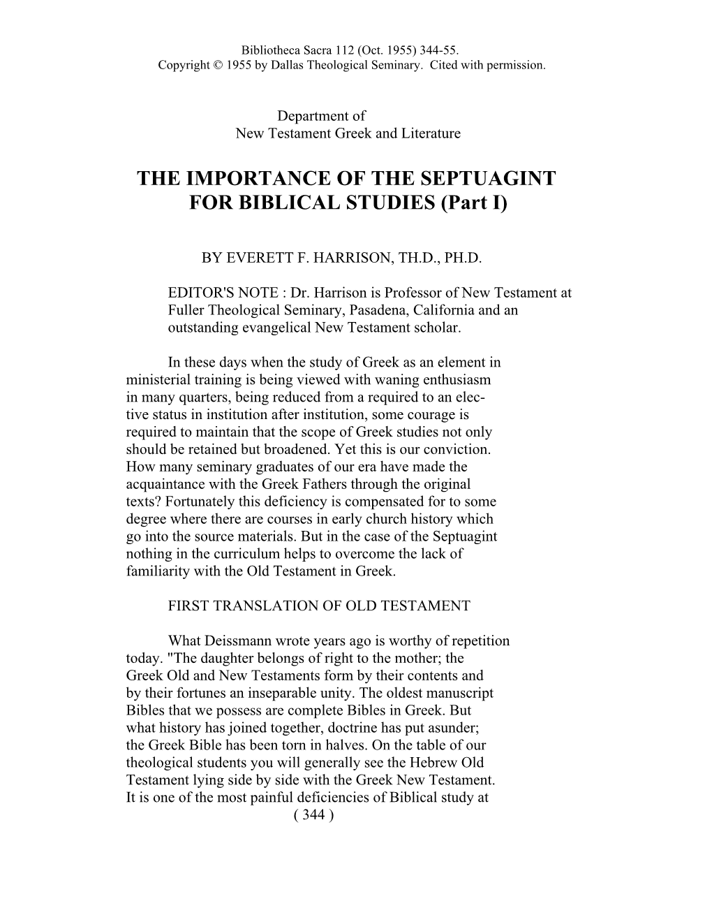 THE IMPORTANCE of the SEPTUAGINT for BIBLICAL STUDIES (Part I)