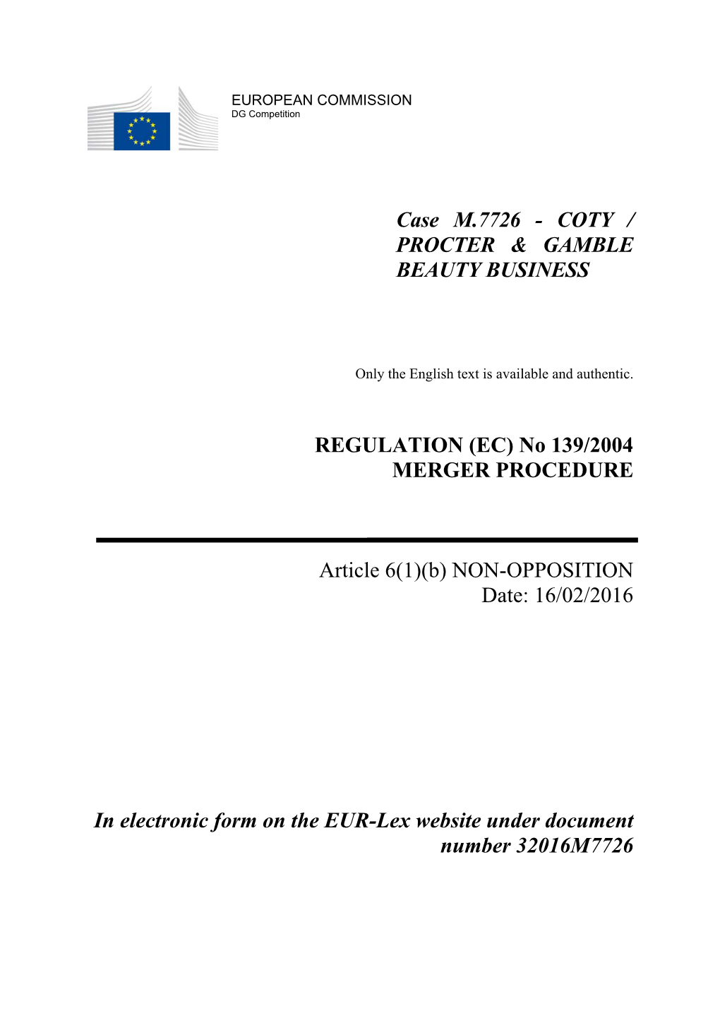 Case M.7726 - COTY / PROCTER & GAMBLE BEAUTY BUSINESS