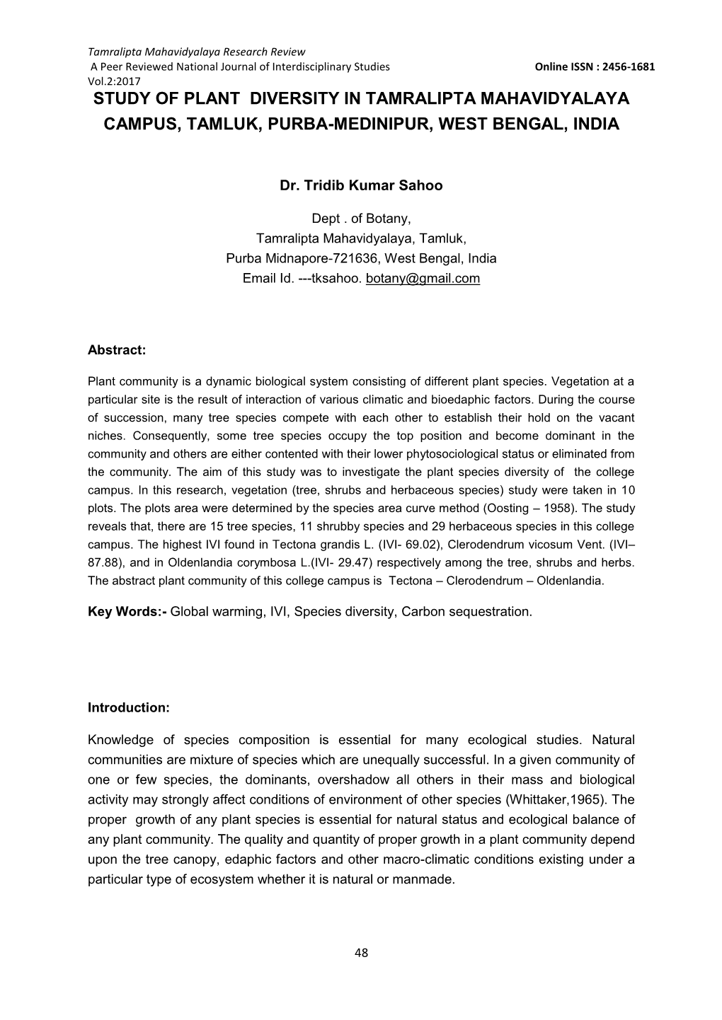 Study of Plant Diversity in Tamralipta Mahavidyalaya Campus, Tamluk, Purba-Medinipur, West Bengal, India