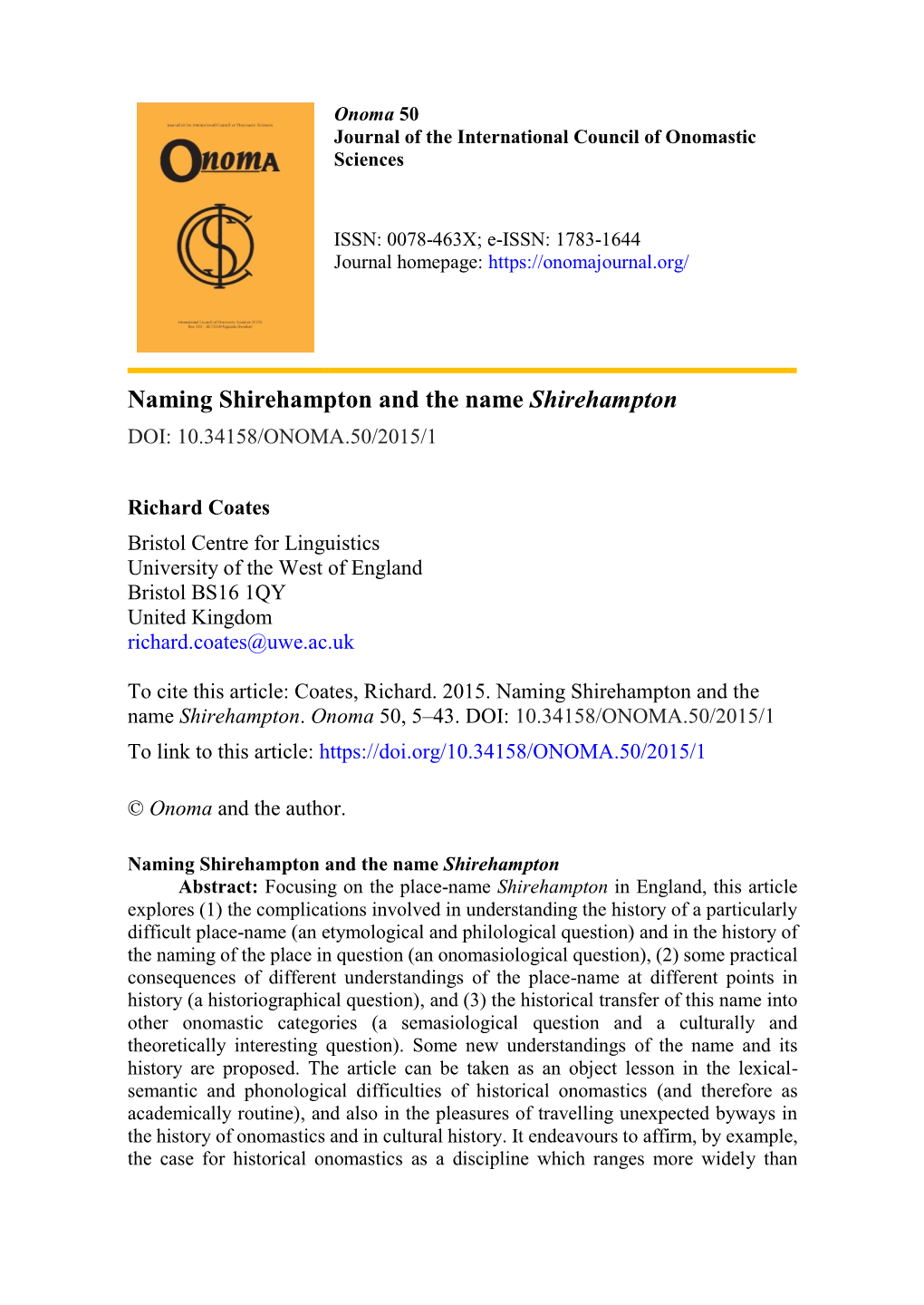 Naming Shirehampton and the Name Shirehampton DOI: 10.34158/ONOMA.50/2015/1