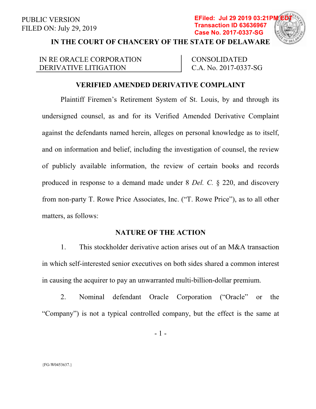 PUBLIC VERSION Efiled: Jul 29 2019 03:21PM EDT Transaction ID 63636967 FILED ON: July 29, 2019 Case No