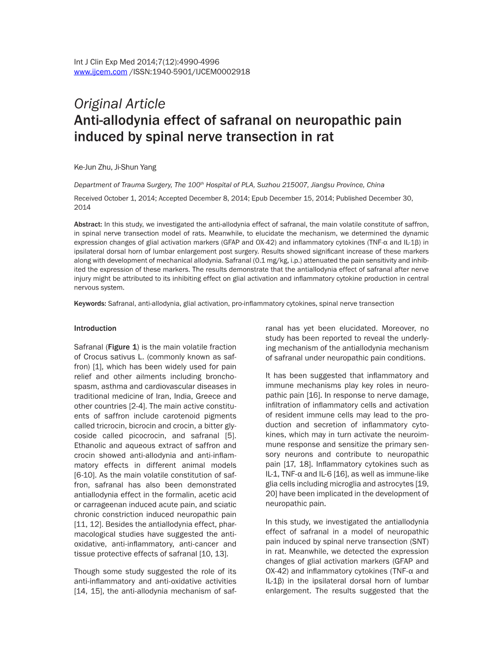 Original Article Anti-Allodynia Effect of Safranal on Neuropathic Pain Induced by Spinal Nerve Transection in Rat