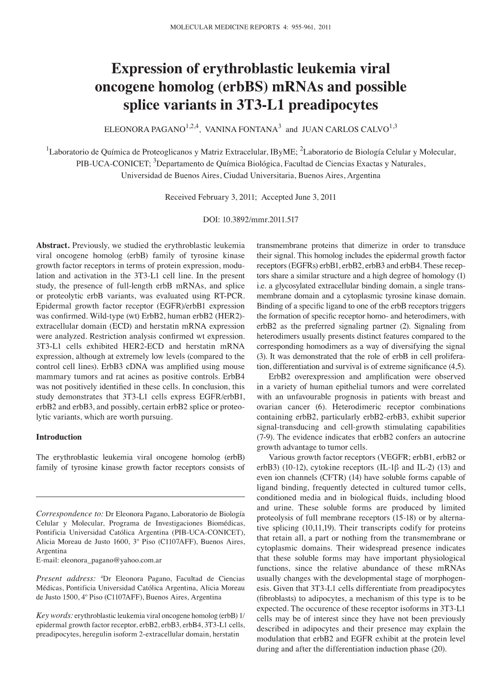 Expression of Erythroblastic Leukemia Viral Oncogene Homolog (Erbbs) Mrnas and Possible Splice Variants in 3T3-L1 Preadipocytes