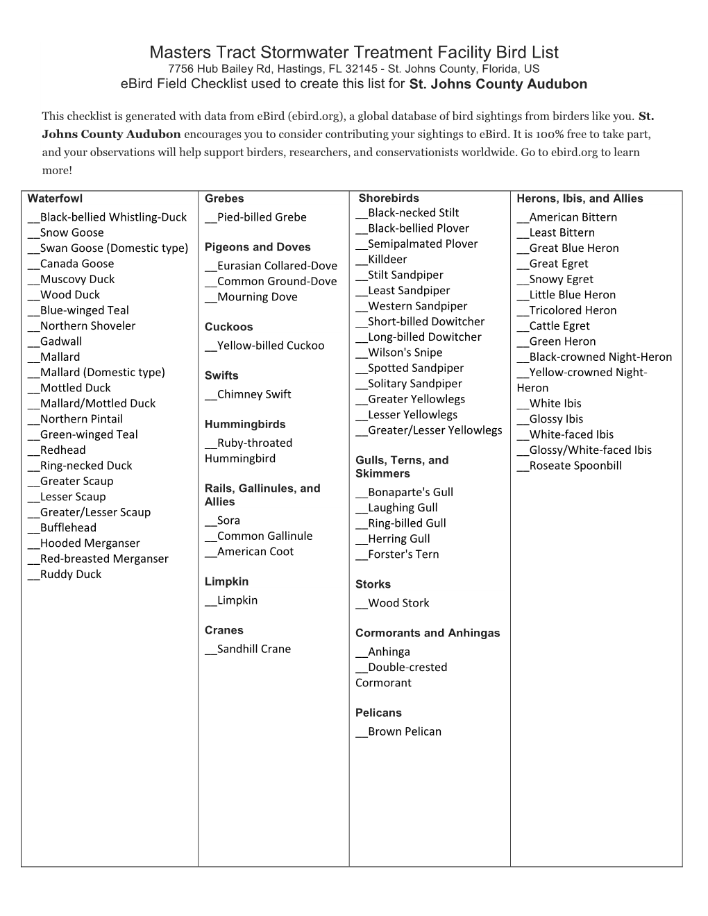 Masters Tract Stormwater Treatment Facility Bird List 7756 Hub Bailey Rd, Hastings, FL 32145 - St