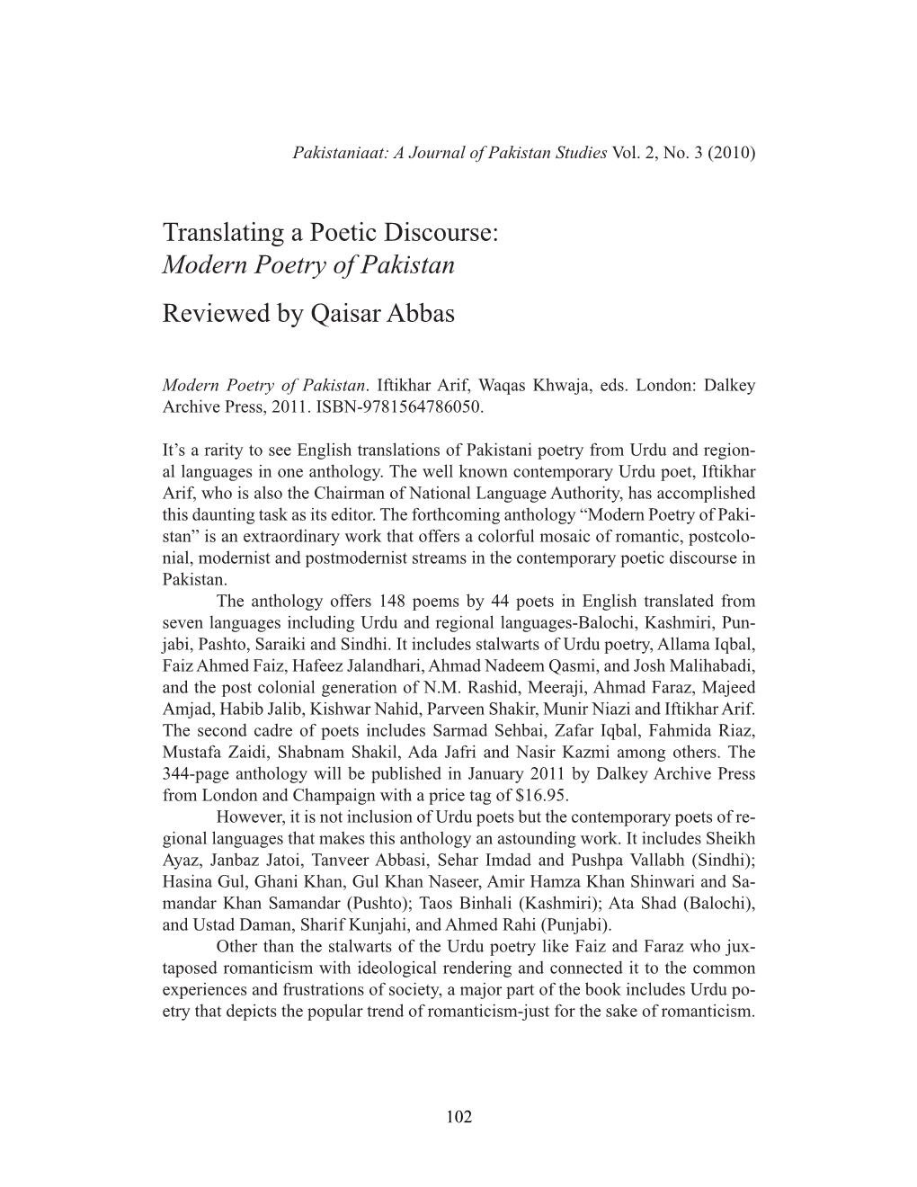 Translating a Poetic Discourse: Modern Poetry of Pakistan Reviewed by Qaisar Abbas