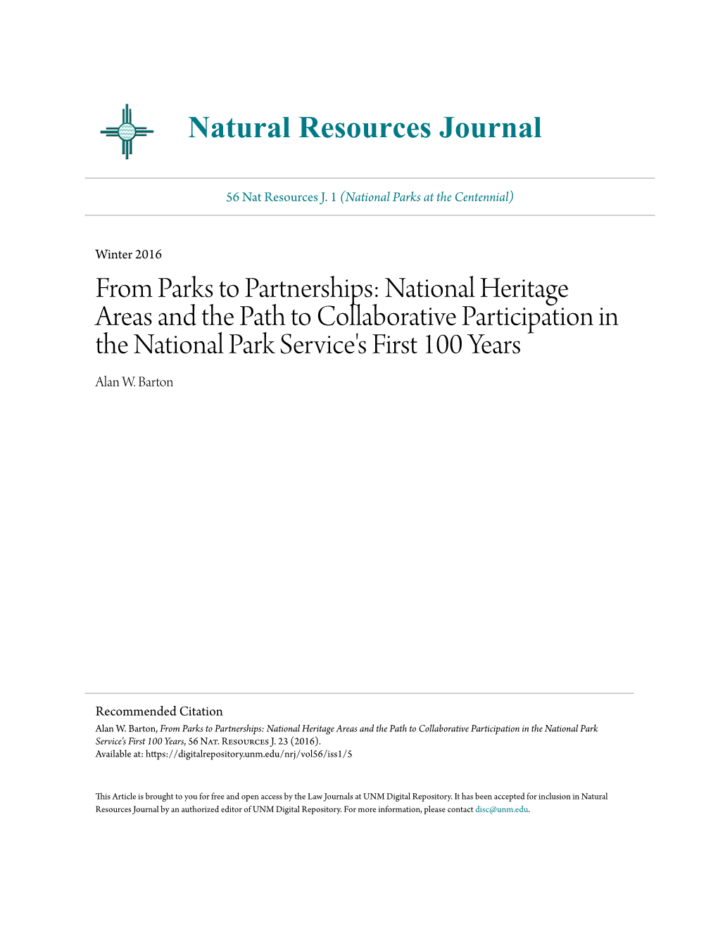 National Heritage Areas and the Path to Collaborative Participation in the National Park Service's First 100 Years Alan W