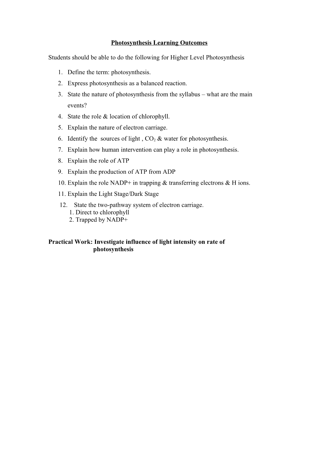 Photosynthesis Learning Outcomes