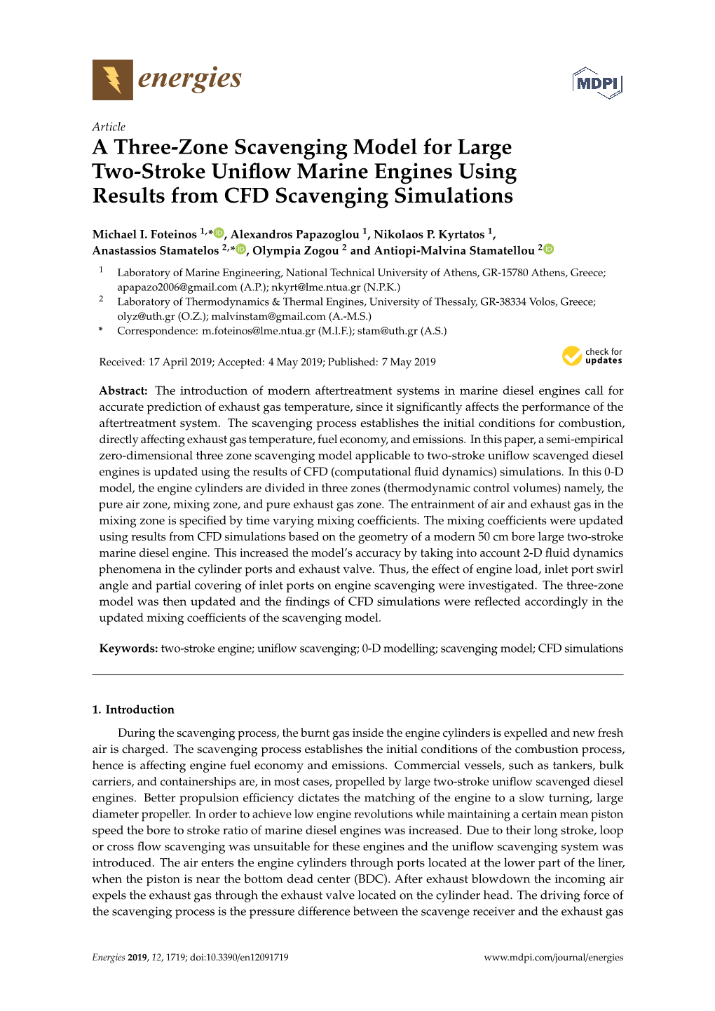 A Three-Zone Scavenging Model for Large Two-Stroke Uniflow Marine