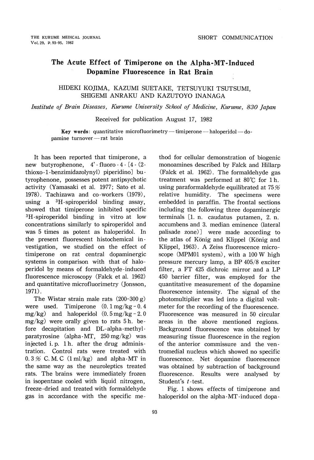 The Acute Effect of Timiperone on the Alpha-MT-Induced Dopamine Fluorescence in Rat Brain